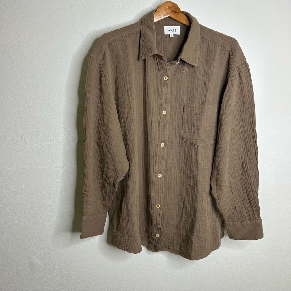 NWOT MATE The Label 100% Organic Cotton Gauze Button Down Shirt Brown Tan XL - Picture 4 of 15